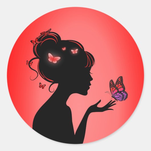 Sticker Rond La femme papillons rouges ラウンドシール (正面)