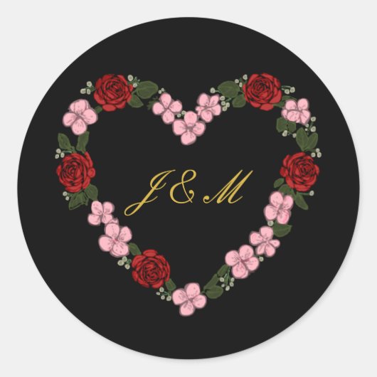 Stickers Block Rose Heart Wedding Initial ラウンドシール (正面)