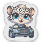 Stickers Cute Kawaii Snow Leopard Big Cat Driving  シール (正面)