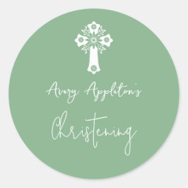 Stickers Floral Cross Christening Sage Green ラウンドシール