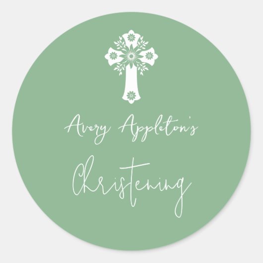Stickers Floral Cross Christening Sage Green ラウンドシール (正面)
