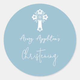 Stickers Floral Cross Christening Sky Blue ラウンドシール