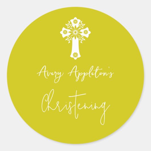 Stickers Floral Cross Christening Yellow ラウンドシール (正面)