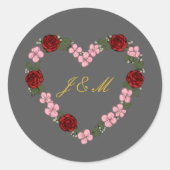 Stickers Grey Rose Heart Wedding Initial ラウンドシール (正面)