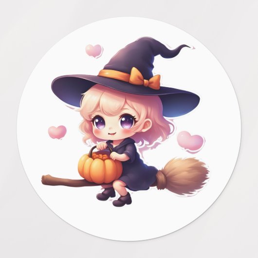 Stickers Halloween Sorcière Kawaii – Cute Witch on ラベル (デザイン2)