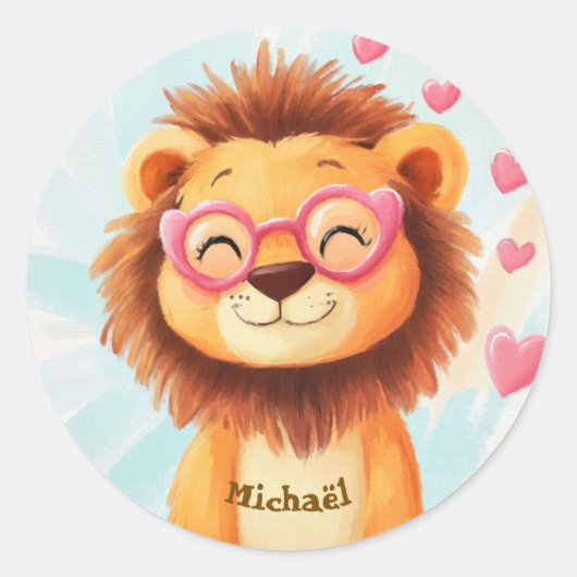 Stickers Happy Lion Valentine's Day Kids School ラウンドシール (正面)