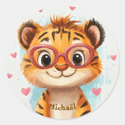 Stickers Happy Tiger Valentine's Day Kids School ラウンドシール (正面)