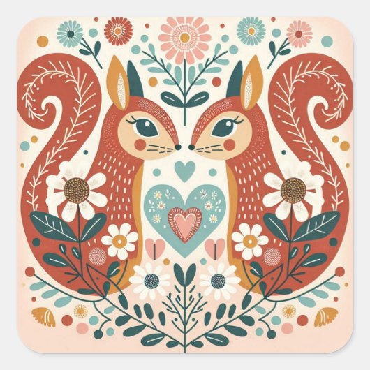 Stickers illustration folk art motif « écureuils » スクエアシール (正面)