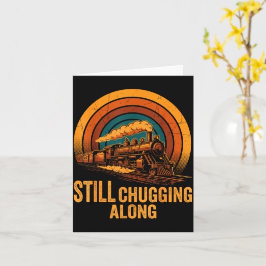 Still Chugging Along Retro Steam Train Locomotive カード (黄色い花)