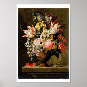 Still Life of Flowers in a Vase with a Lizard on a ポスター
