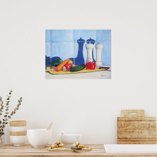 still life painting vegetables on chopping board ポスター (キッチン)