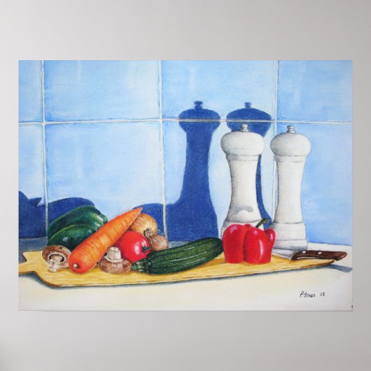 still life painting vegetables on chopping board ポスター (正面)