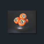 Still Life with Persimmons on Black Background キャンバスプリント<br><div class="desc">This elegant oil painting features a cluster of vibrant, ripe persimmons piled in a dark ceramic bowl. The composition is set against a deep black background, utilizing a classic chiaroscuro technique to emphasize the rich orange hues and smooth texture of the fruit. The dried green leaves provide a delicate organic...</div>