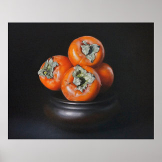 Still Life with Persimmons on Black Background ポスター