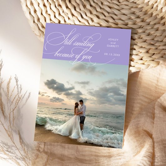 Still Smiling Elegant Wedding Photo Lilac サンキューカード