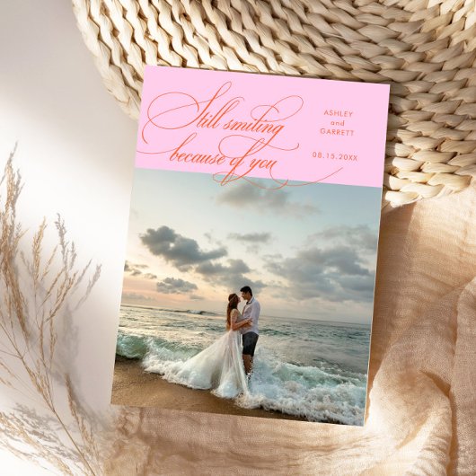 Still Smiling Elegant Wedding Photo Orange Pink サンキューカード