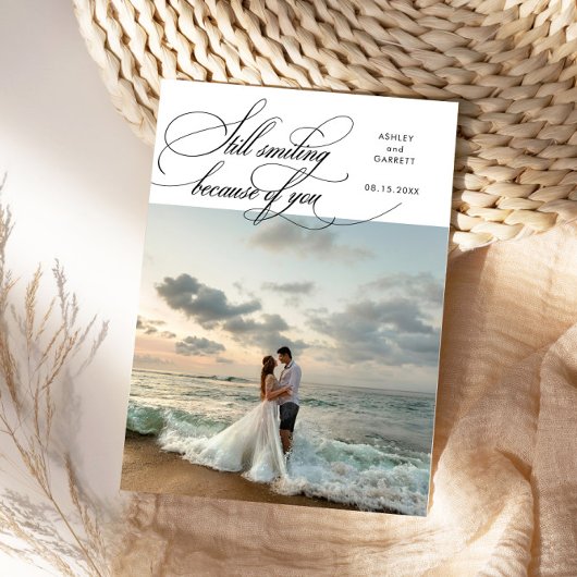 Still Smiling Elegant Wedding Photo White サンキューカード