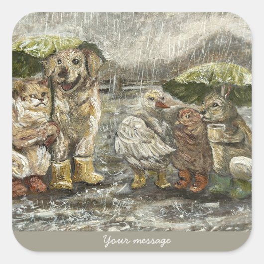 Still Together Whimsical Farmhouse Animals Rainy  スクエアシール (正面)
