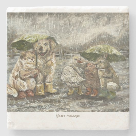 Still Together Whimsical Farmhouse Animals Rainy  ストーンコースター (正面)