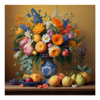 Stilleven met Bloemen in Delftbaluwe vaas en Fruit ポスター