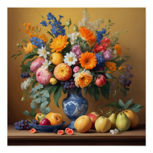 Stilleven met Bloemen in Delftbaluwe vaas en Fruit ポスター (正面)