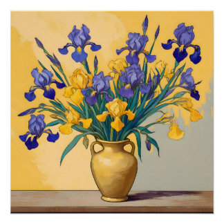Stilleven met Gele en Blauwe Irissen in een Gouden ポスター