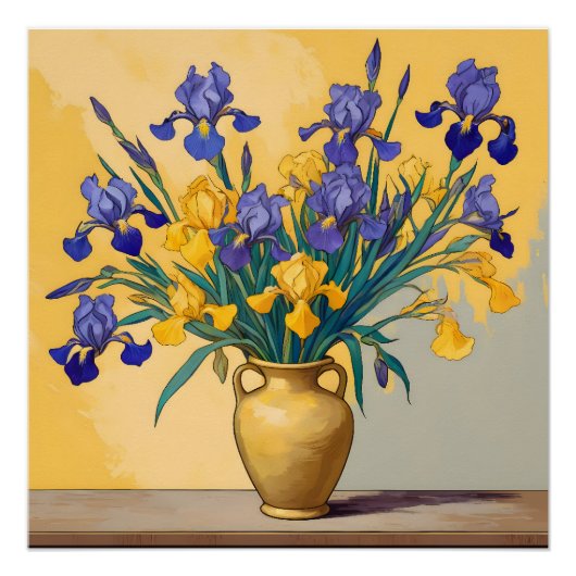 Stilleven met Gele en Blauwe Irissen in een Gouden ポスター (正面)