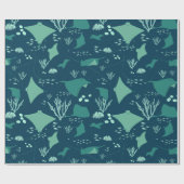 Sting Ray Pattern, Blue Underwater Marine Life ラッピングペーパー (フラット)