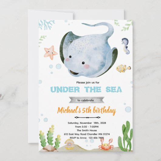Stingray birthday party invitation 招待状 (正面)