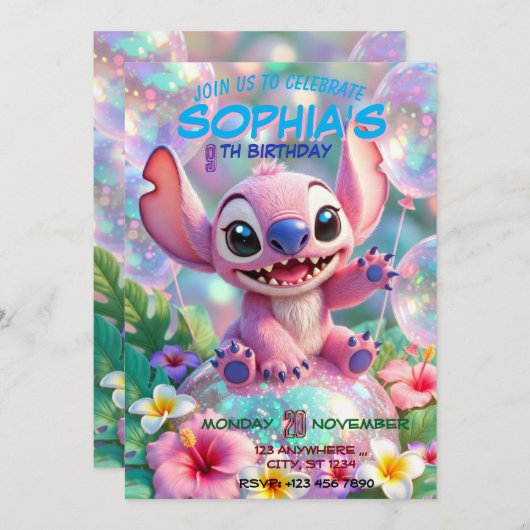Stitch Birthday Invitation Template 招待状 (正面/裏面)