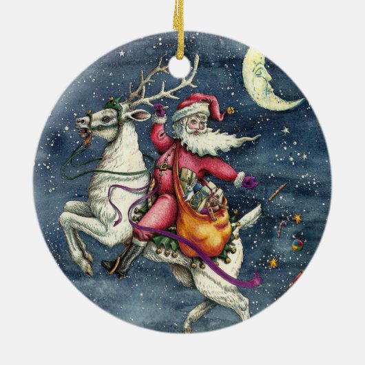 STNICK、飛んでいるWHITE REINDEER、クリスマス魔法 セラミックオーナメント (裏面)