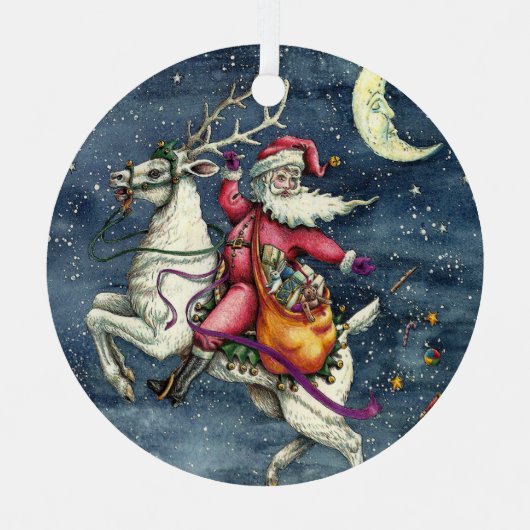 STNICK、飛んでいるWHITE REINDEER、クリスマス魔法 メタルオーナメント (正面)