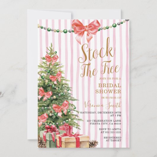 Stock The Tree Christmas Pink Bow Bridal Shower 招待状 (正面)