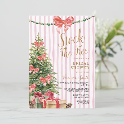 Stock The Tree Christmas Pink Bow Bridal Shower 招待状 (スタンド正面)
