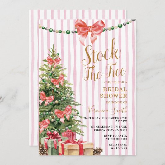 Stock The Tree Christmas Pink Bow Bridal Shower 招待状 (正面/裏面)