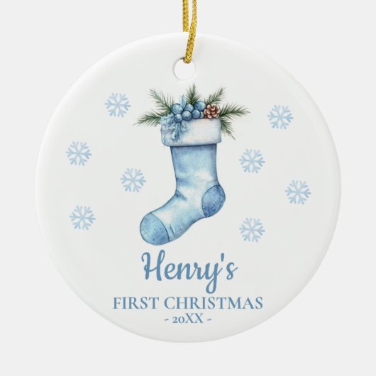 Stocking Personalized Baby's First Christmas セラミックオーナメント (正面)