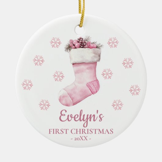 Stocking Personalized Girl's First Christmas セラミックオーナメント (正面)