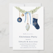 Stocking & Wreath Modern Blue Christmas Party 招待状 (正面)