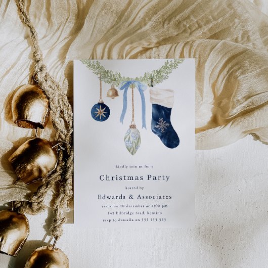 Stocking & Wreath Modern Blue Christmas Party 招待状