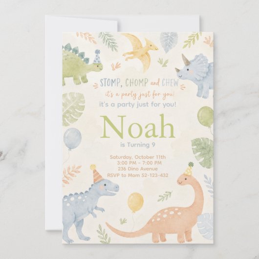 Stomp Chomp And Chew Dinosaur Invitation Editable 招待状 (正面)
