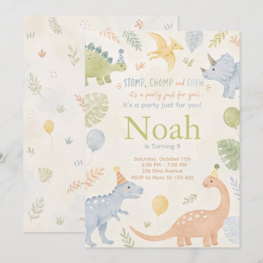 Stomp Chomp And Chew Dinosaur Invitation Editable 招待状 (正面/裏面)