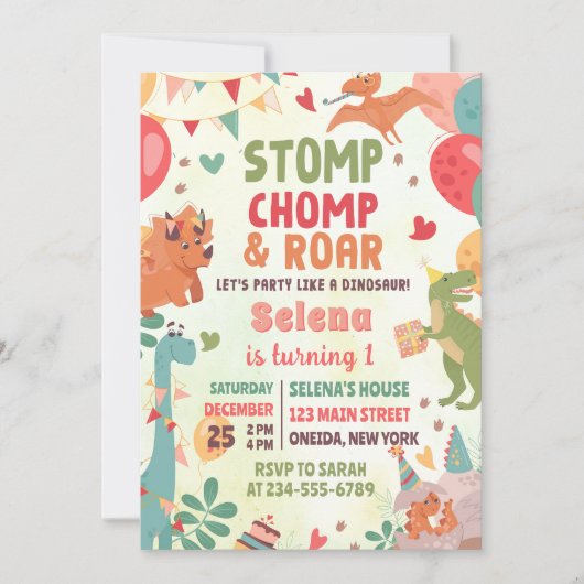 Stomp Chomp And Roar Dinosaur Birthday Party 招待状 (正面)