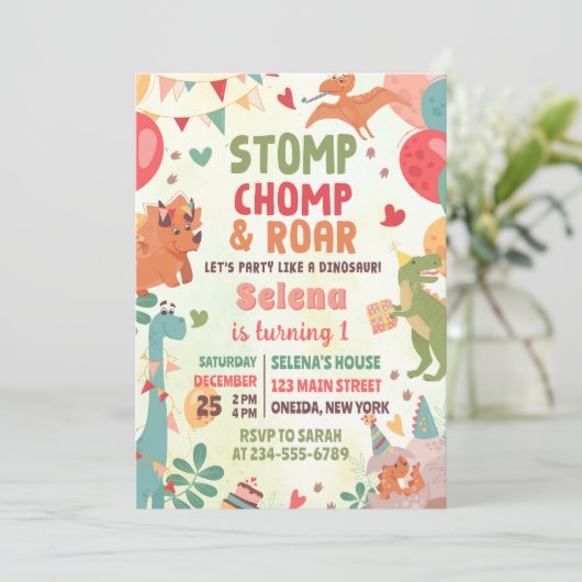 Stomp Chomp And Roar Dinosaur Birthday Party 招待状 (スタンド正面)