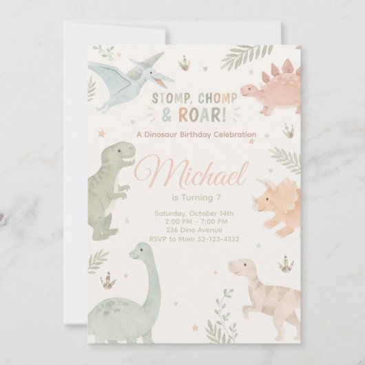 Stomp Chomp And Roar Dinosaur Invitation Editable 招待状 (正面)