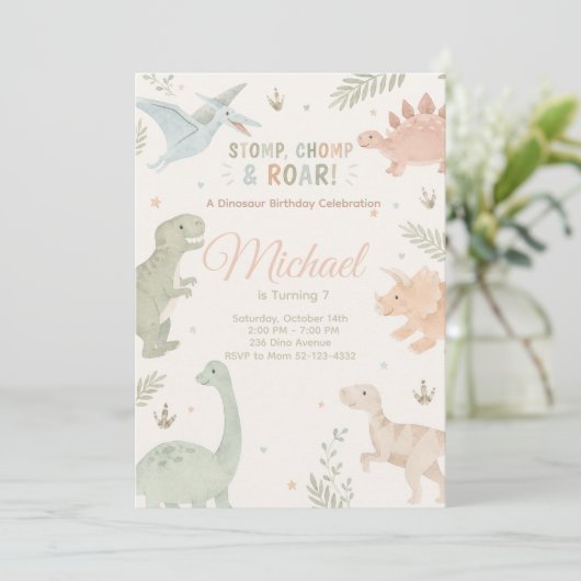 Stomp Chomp And Roar Dinosaur Invitation Editable 招待状 (スタンド正面)