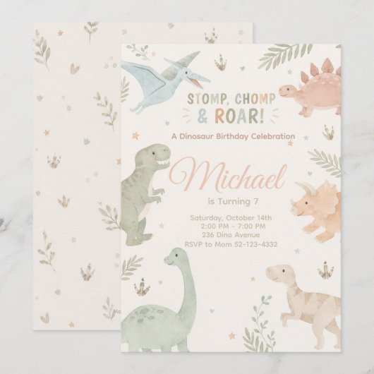 Stomp Chomp And Roar Dinosaur Invitation Editable 招待状 (正面/裏面)