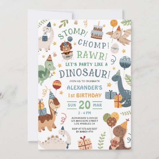 Stomp Chomp Rawr Dinosaur 1st Birthday Party Boy 招待状 (正面)