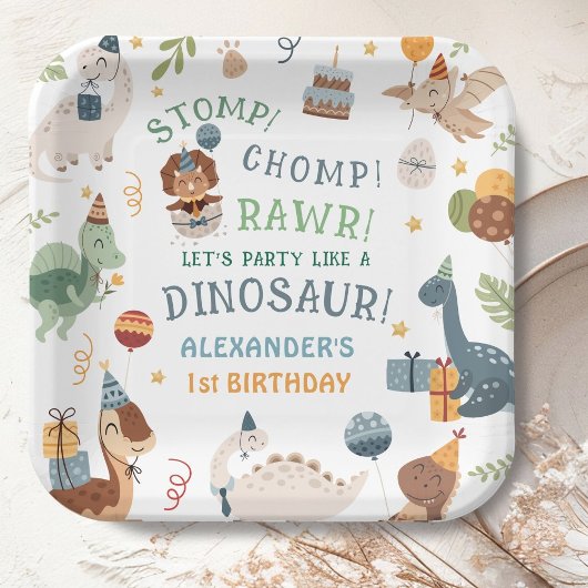 Stomp Chomp Rawr Dinosaur Boy 1st Birthday ペーパープレート