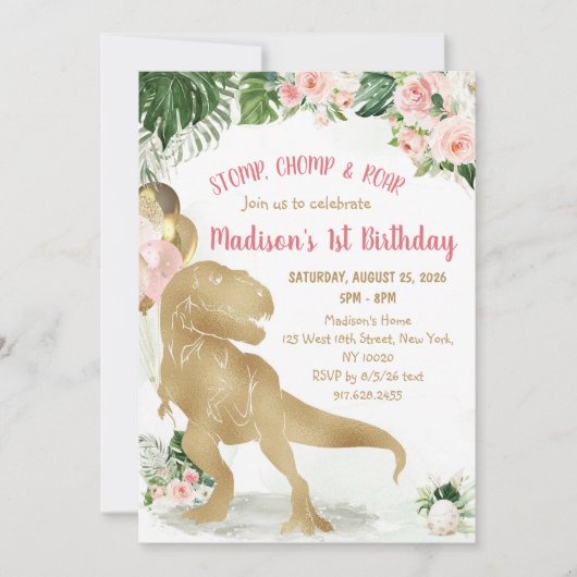 Stomp, Chomp, Road Dinosaur Gold Pink Birthday 招待状 (正面)