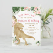 Stomp, Chomp, Road Dinosaur Gold Pink Birthday 招待状 (スタンド正面)